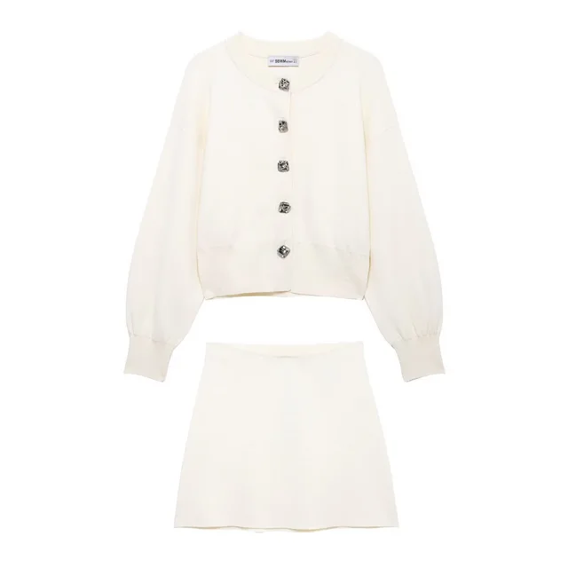 Flower Button Decoration Knitted Coat Short Mini Skirt Suit Suit - Shop at LoveMi
