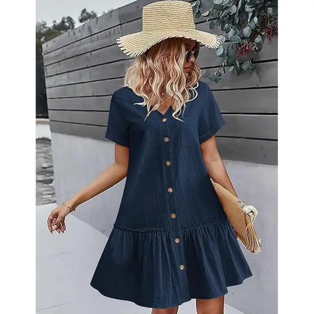 Women's Loose Summer Cotton And Linen Dress Dark Blue - Shop at LoveMi