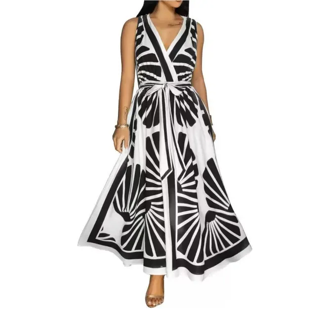 European And American V neck Positioning Printing Backless Dress Black - Shop at LoveMi