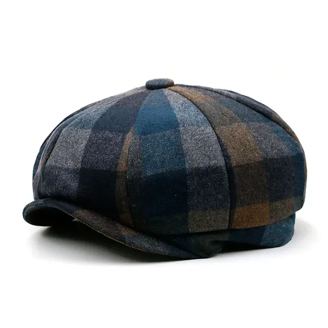 Autumn And Winter Warm Woolen Octagonal Hat Blue Gray Large Grid - Shop at LoveMi