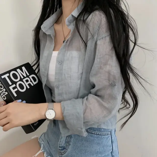 French Top High grade Cardigan Blouse Shirt Light Gray - Shop at LoveMi
