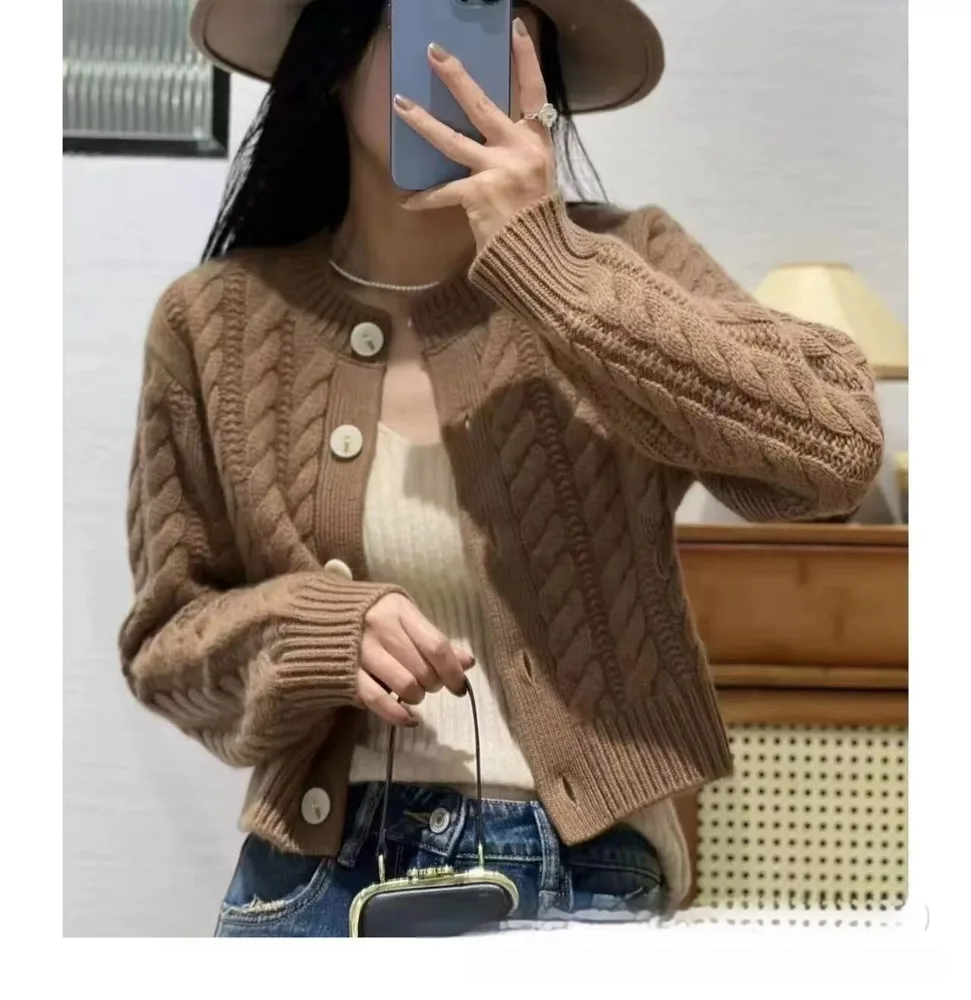 High Waist Thickened Round Neck Twist Soft Glutinous Knitted Cardigan Sweater Camel - Shop at LoveMi