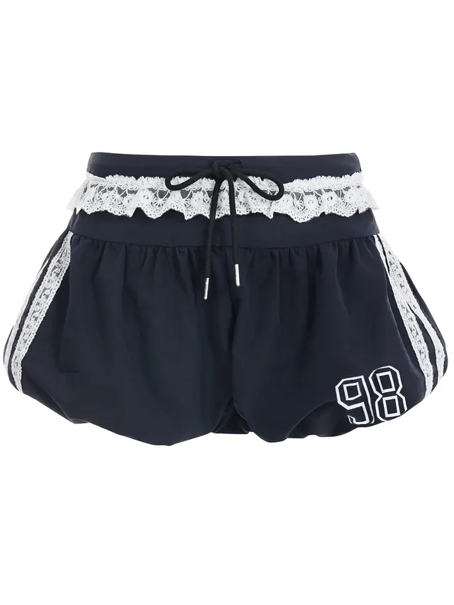 Lace Edge Elastic Waistband Lace up Loose Shorts For Women Dark Blue - Shop at LoveMi