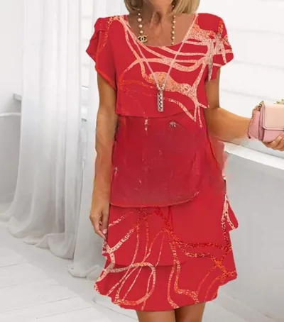 Short Sleeve Round Neck Dress Geometric Red - Shop at LoveMi