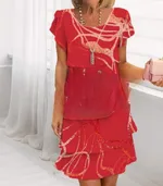 Short Sleeve Round Neck Dress - Geometric Red