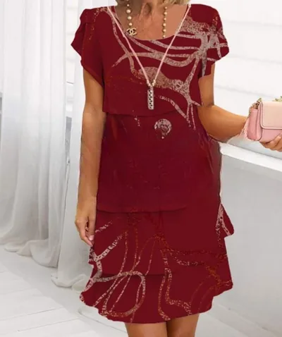 Short Sleeve Round Neck Dress Geometric Wine Red - Shop at LoveMi