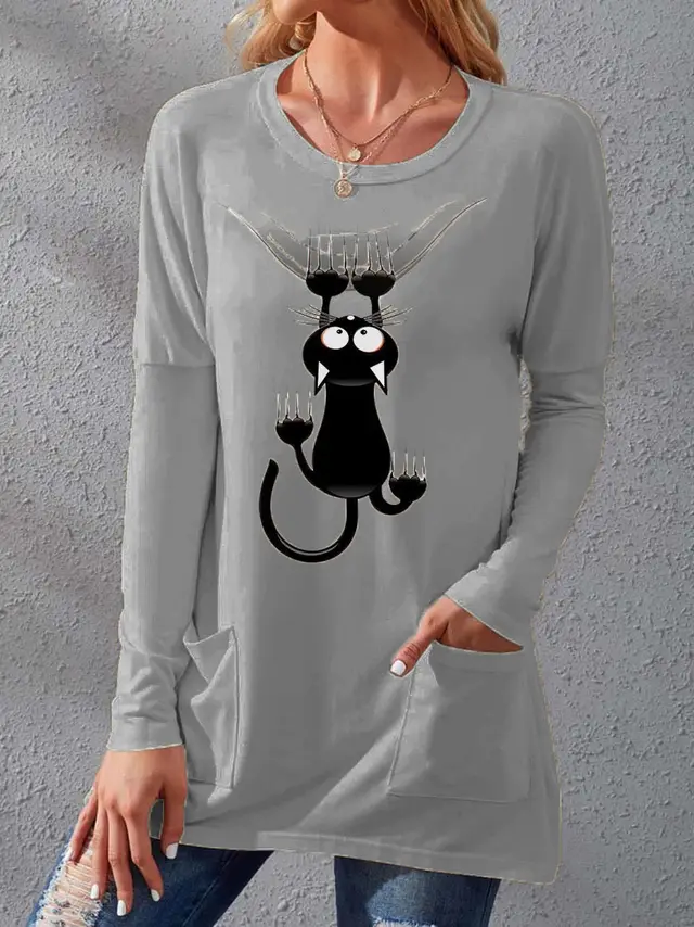 Women's Pocket Round Neck T shirt Printed Loose Long Sleeve Dress Gray - Shop at LoveMi