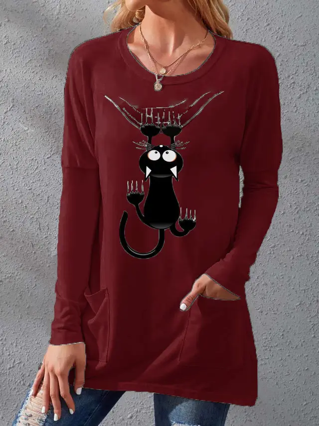 Women's Pocket Round Neck T shirt Printed Loose Long Sleeve Dress Wine Red - Shop at LoveMi