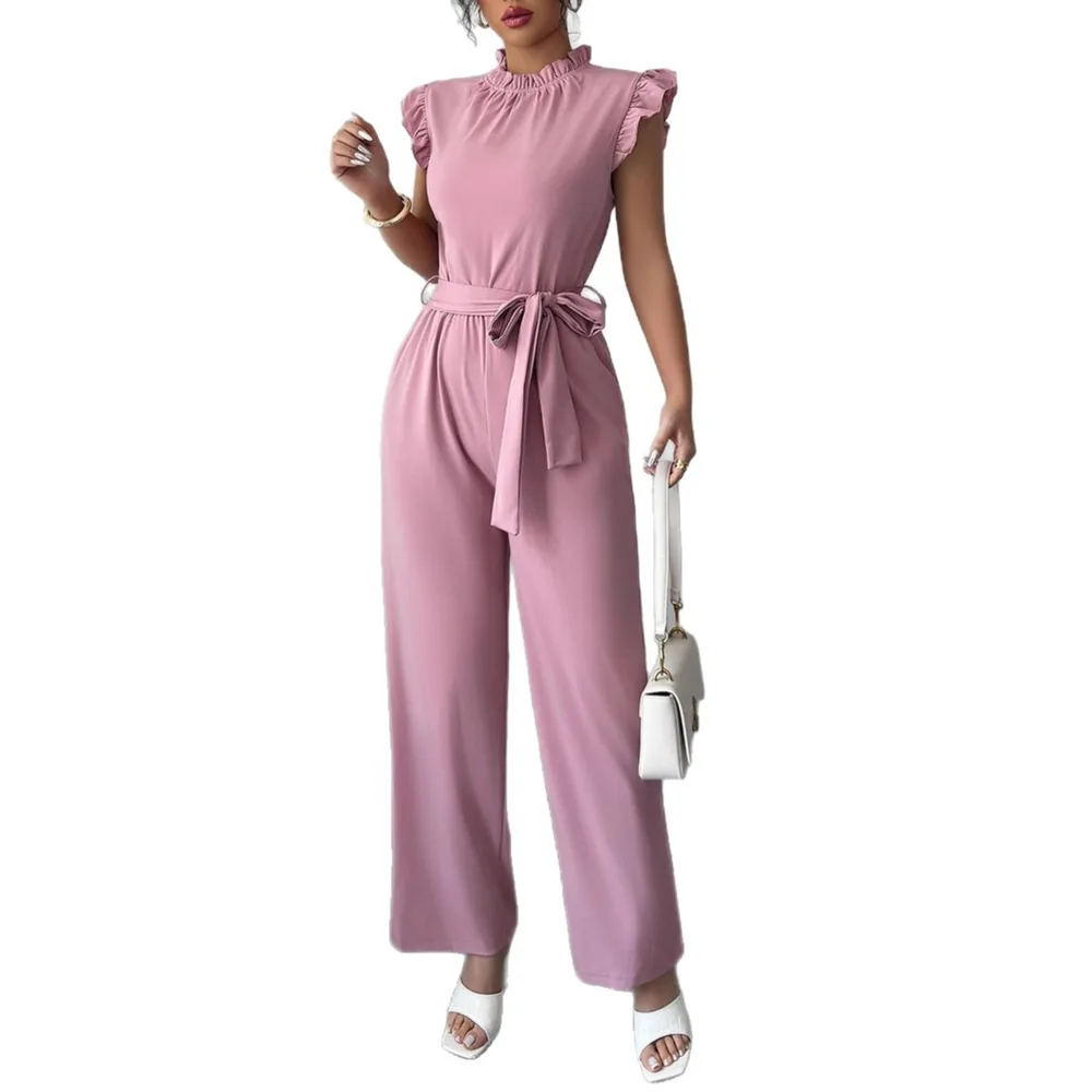 Simple Fashion Ruffled Short Sleeves Corset Jumpsuit For Women - Pink