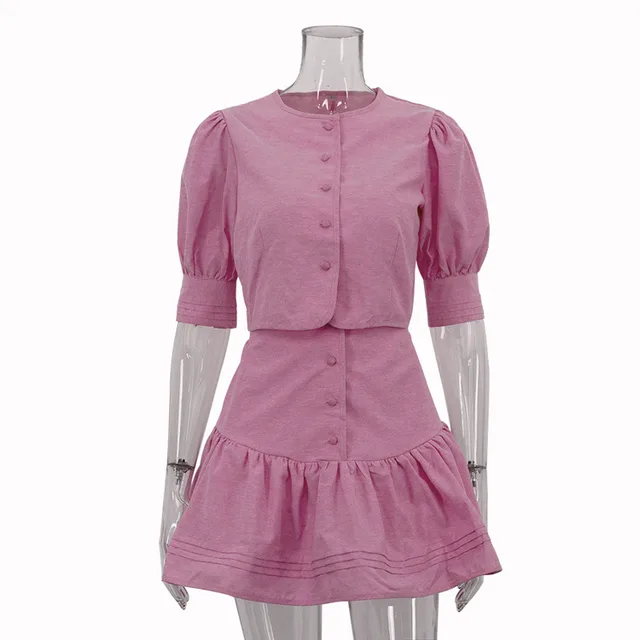 Puff Sleeve Short Top Patchwork A Line Skirt Two piece Set Pink - Shop at LoveMi