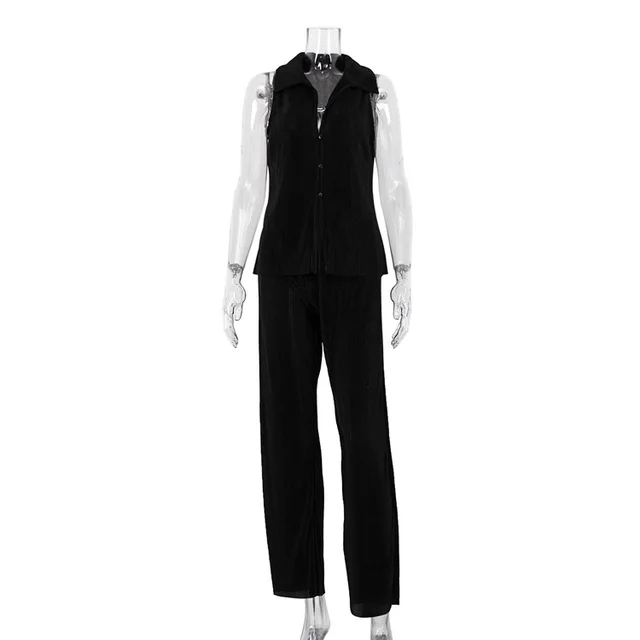 Casual Solid Color Sleeveless Shirt High Waist Trousers Pleated Suit Black - Shop at LoveMi