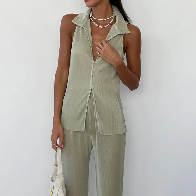 Casual Solid Color Sleeveless Shirt High Waist Trousers Pleated Suit Green - Shop at LoveMi