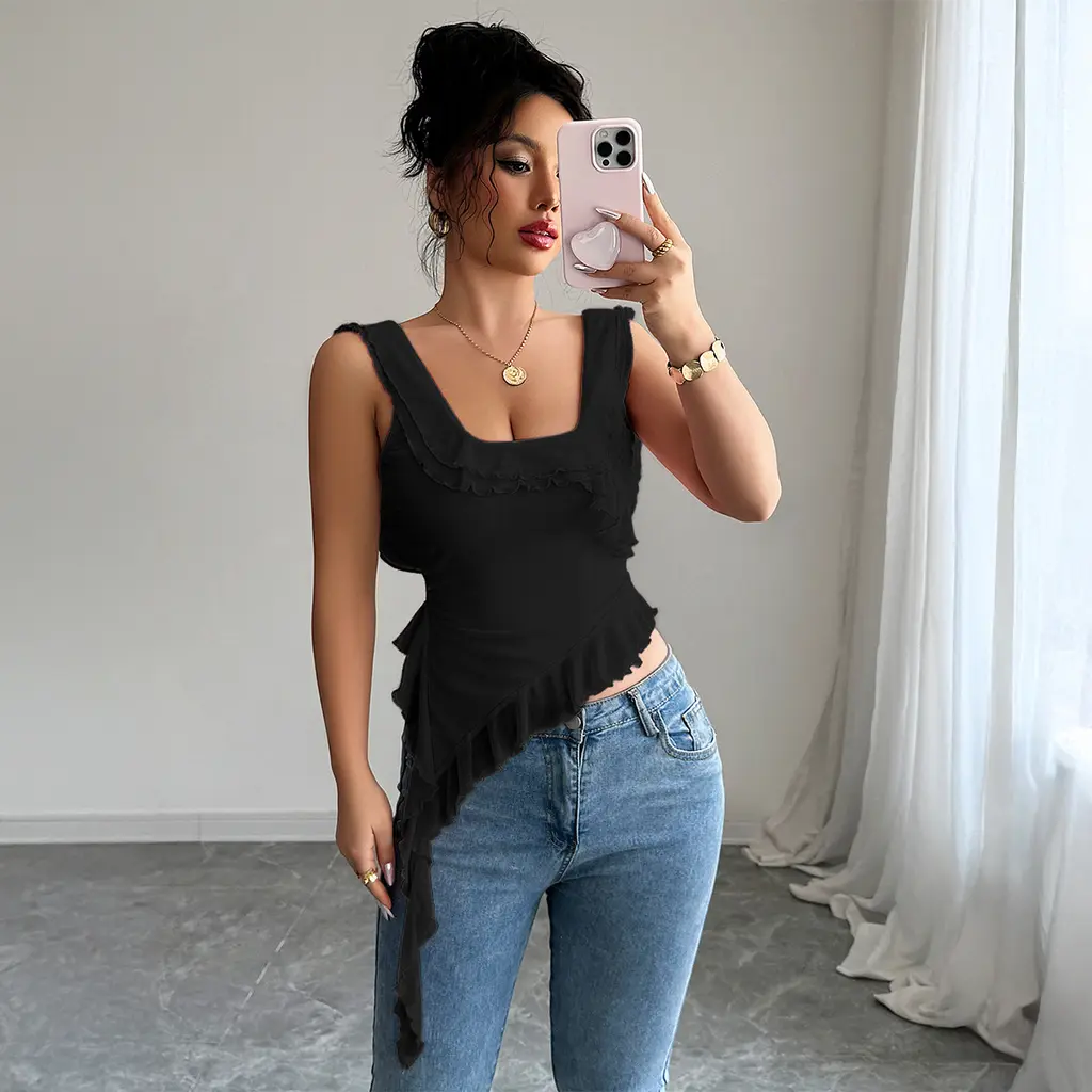 Lotus Leaf Broken Lace T-shirt Vest - Black