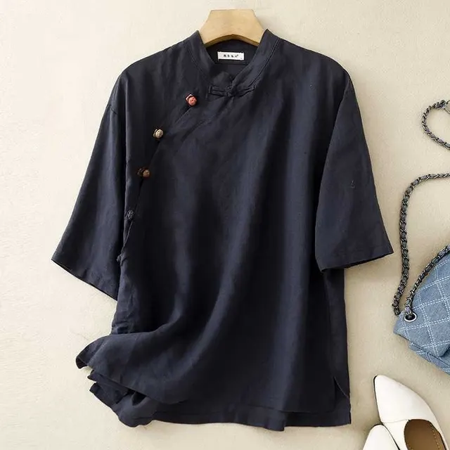 Cotton And Linen Retro Stand Collar Side Opening Short Sleeve Frog Buckle Top Navy Blue - Shop at LoveMi