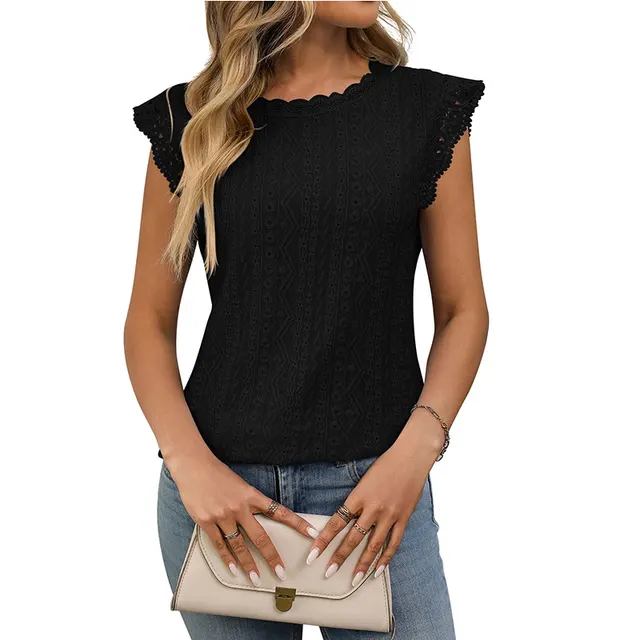 Solid Color Round Neck Short Sleeves Lace Stitching Hollow T shirt Women Black - Shop at LoveMi
