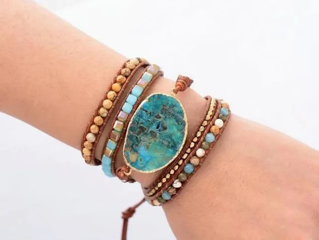 Natural Ocean Stone Leather Multi layer Bracelet Simple Gold - Shop at LoveMi