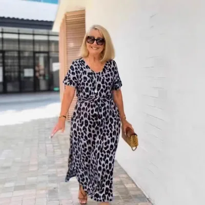 Women's Short Sleeve V neck Leopard Print Printed Dress Blue - Shop at LoveMi