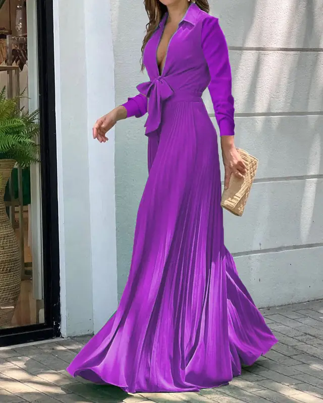 Polo Collar Top Loose Wide Leg Jumpsuit For Women Long Sleeved Purple - Shop at LoveMi