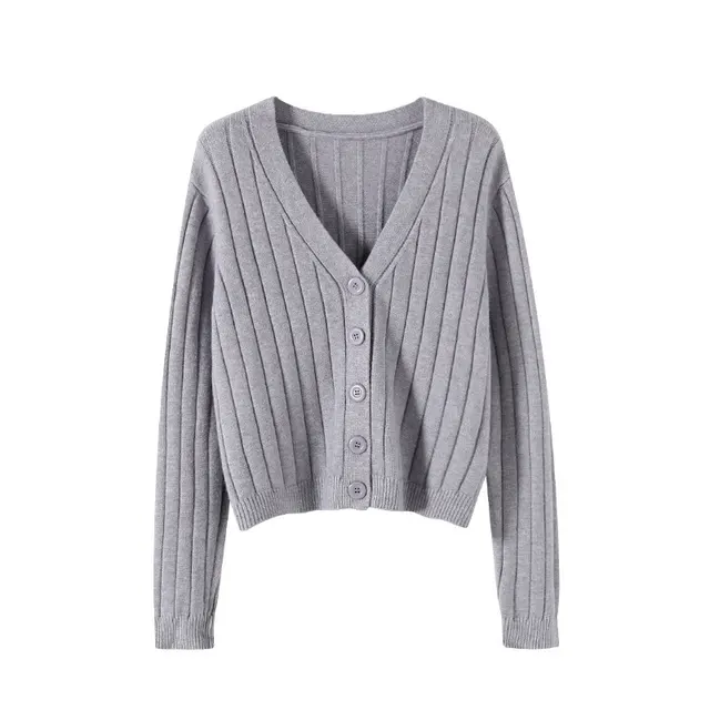 V neck Sweater Sweater Thin Cardigan Jacket Top For Women Gray - Shop at LoveMi