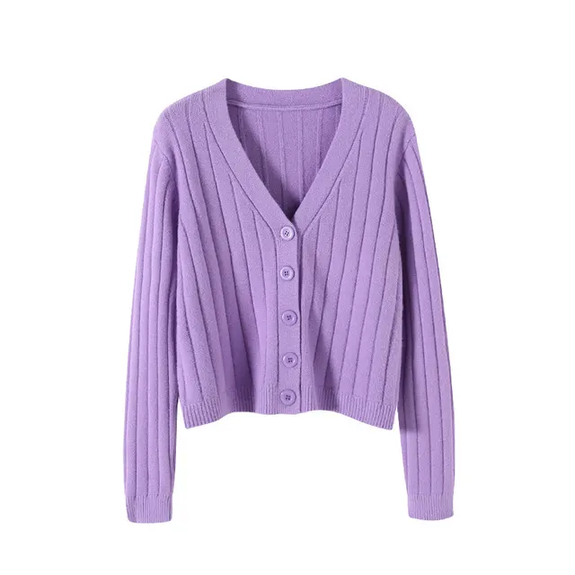 V neck Sweater Sweater Thin Cardigan Jacket Top For Women Purple - Shop at LoveMi