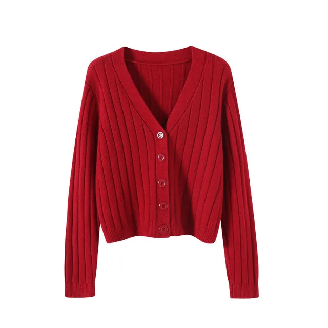 V neck Sweater Sweater Thin Cardigan Jacket Top For Women Wine Red - Shop at LoveMi