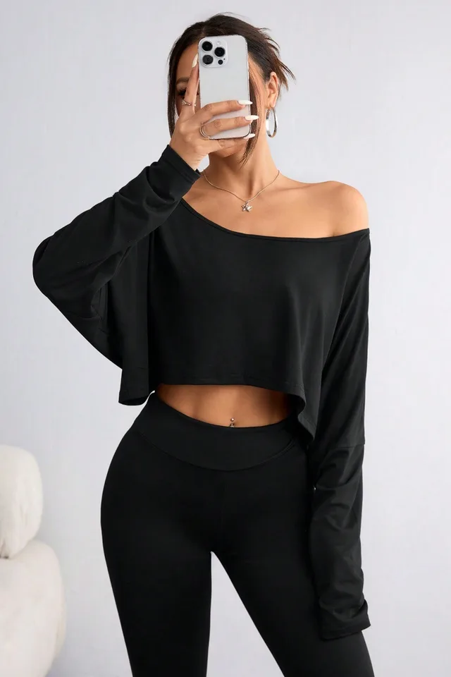 Solid Color Shoulder Long Sleeve Loose fitting Cropped Top Black - Shop at LoveMi