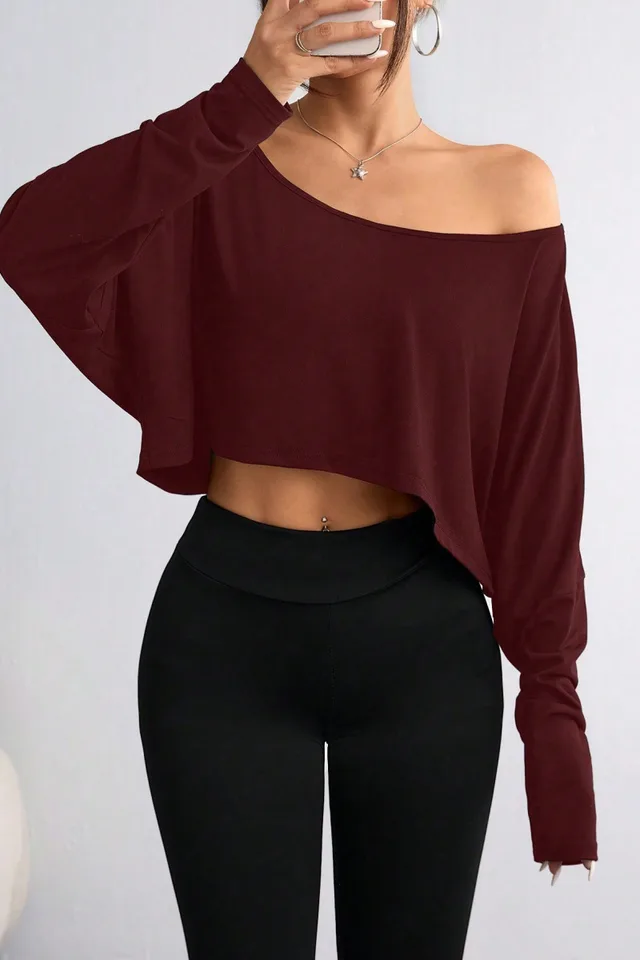 Solid Color Shoulder Long Sleeve Loose fitting Cropped Top Wine Red - Shop at LoveMi