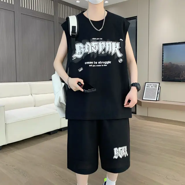 Style Youth Casual Suit Men's Summer Thin Sleeveless Vest Cropped Pants Black - Shop at LoveMi