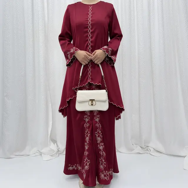 Malay Cage Clothing French Wrinkle Embroidery Embroidery Bell Sleeve Suit Wine Red - Shop at LoveMi