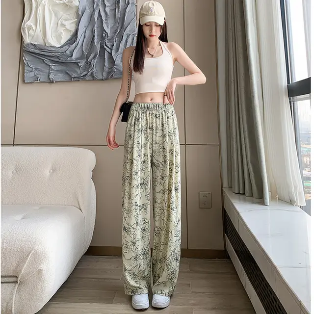 Draping Mopping Pants Straight Ink Painting Dye Pants For Women Ink Apricot Evening - Shop at LoveMi