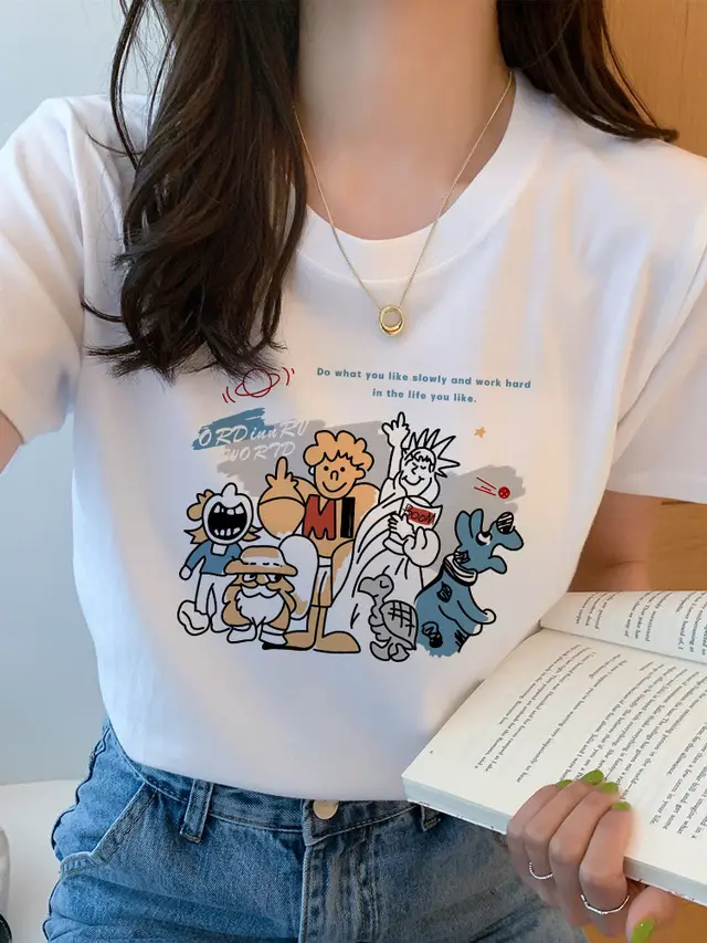 Printed Loose Summer New Short sleeved T shirt For Women White Hand Drawn Character - Shop at LoveMi