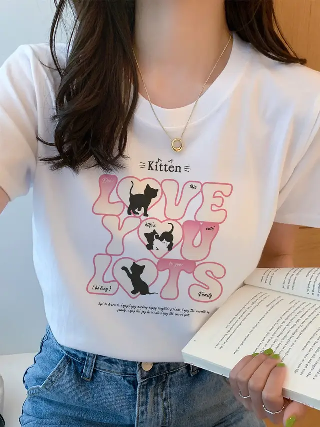 Printed Loose Summer New Short sleeved T shirt For Women White Love Cat - Shop at LoveMi