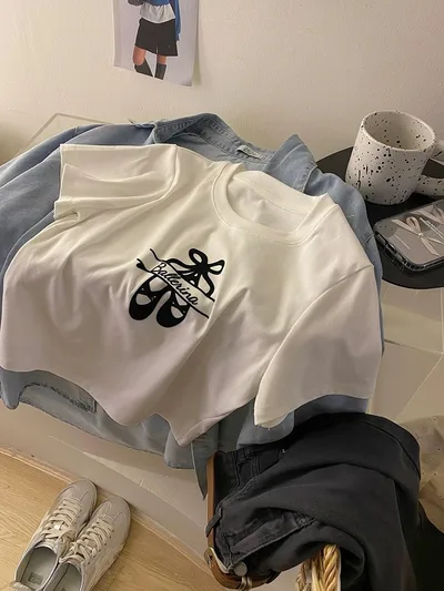 Printed Loose Summer New Short sleeved T shirt For Women White Shoes - Shop at LoveMi