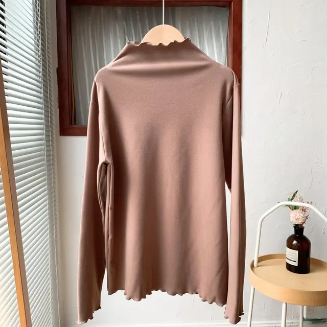 Half high Collar Long Sleeves Solid Color Inner Wear Slim Fit Warm Dralon Top Brown - Shop at LoveMi