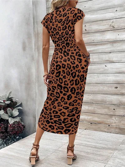 Elegant Waist Strap Striped Round Neck Short Sleeve And Long Pattern Dress Brown - Shop at LoveMi