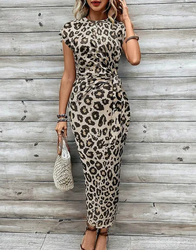Elegant Waist Strap Striped Round Neck Short Sleeve And Long Pattern Dress Leopard Print - Shop at LoveMi