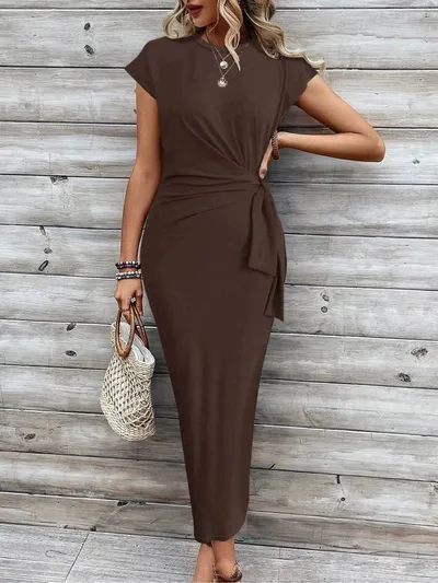 Elegant Waist Strap Striped Round Neck Short Sleeve And Long Pattern Dress Plain Coffee - Shop at LoveMi