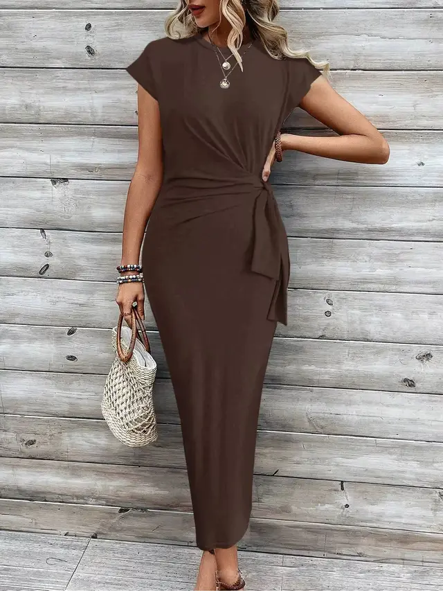 Elegant Waist Strap Striped Round Neck Short Sleeve And Long Pattern Dress Plain Coffee - Shop at LoveMi