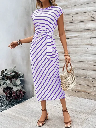 Elegant Waist Strap Striped Round Neck Short Sleeve And Long Pattern Dress Purple - Shop at LoveMi