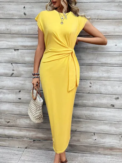 Elegant Waist Strap Striped Round Neck Short Sleeve And Long Pattern Dress Yellow - Shop at LoveMi