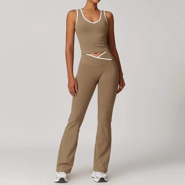 Contrast Color Sexy Tight Workout Clothes Suit V neck Sports Vest Brown - Shop at LoveMi