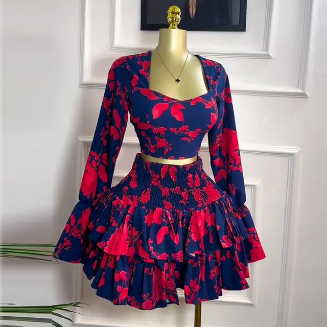 Women's Fresh Printed Long sleeved Shirt High Waist Skirt Two piece Set Red - Shop at LoveMi