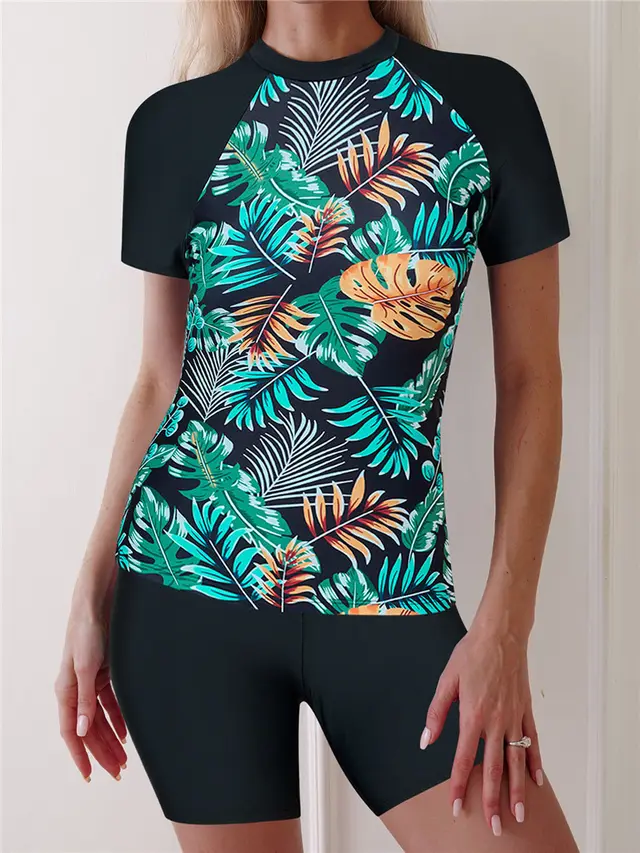 Sexy Swimsuit Multicolor Printing Slimming Sun Protective Short Sleeve Diving Suit Split - Model Color - View 1