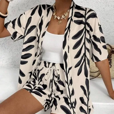 Women's Shirt And Elastic Waist Shorts Casual Suit Apricot - Shop at LoveMi