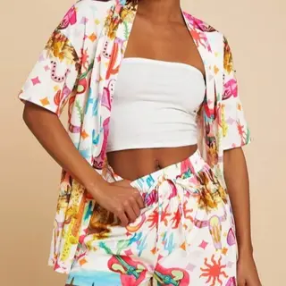 Women's Shirt And Elastic Waist Shorts Casual Suit - Color - View 1