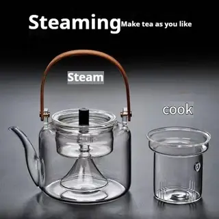Bamboo Handle Glass Tea Making Steamed Tea Teapot - Plain Light Pelican