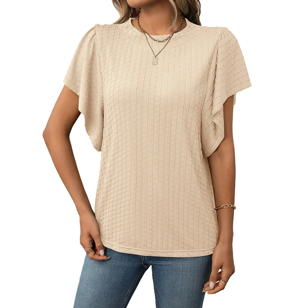 Women's New Solid Colour Crew Neck T-shirt Top - Apricot - View 1