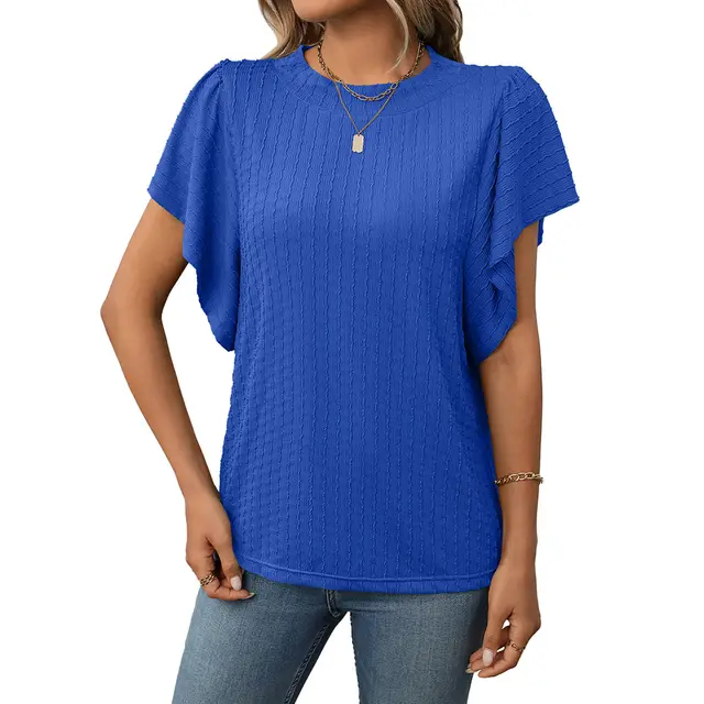 Women's New Solid Color Crew Neck T shirt Top Sapphire Blue - Shop at LoveMi