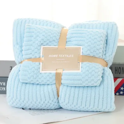 Thick Coral Fleece Towel Household Shower Bath Towel Suit Auspicious Grid Light Blue - Shop at LoveMi