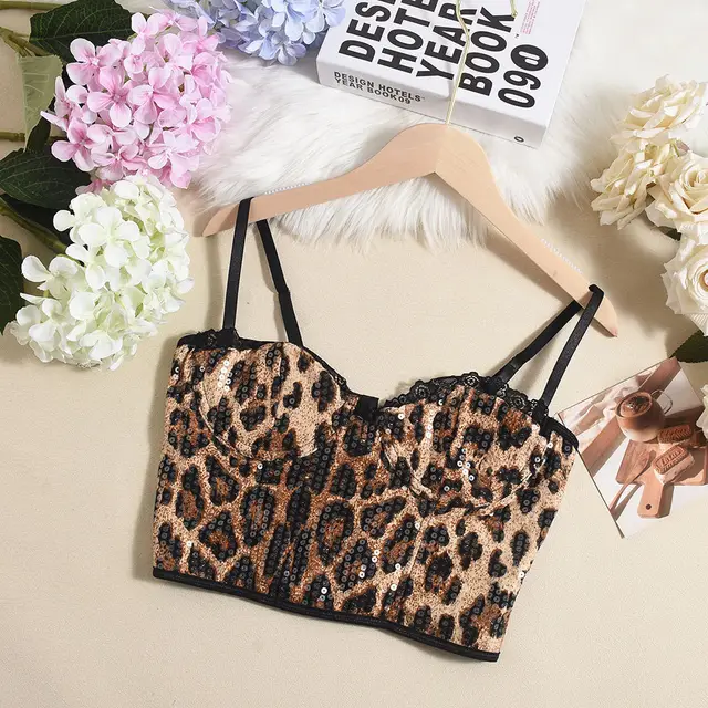 Sequin Leopard Print Adjustable Shoulder Strap Beauty Back Women's Top Leopard Print - Shop at LoveMi